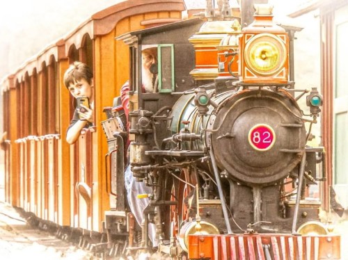 A vintage steam train with a boy leaning out of the window, surrounded by wooden carriages in a scenic setting.