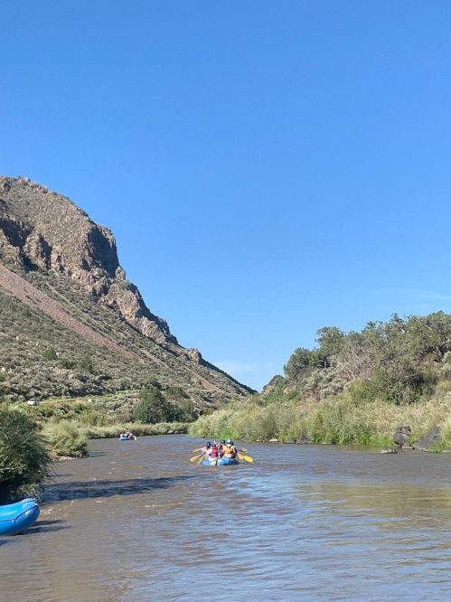 A group of kayakers paddles down a river surrounded by mountains and greenery under a clear blue sky.
