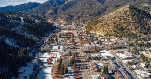 An aerial view of Red River, New Mexico's main street.