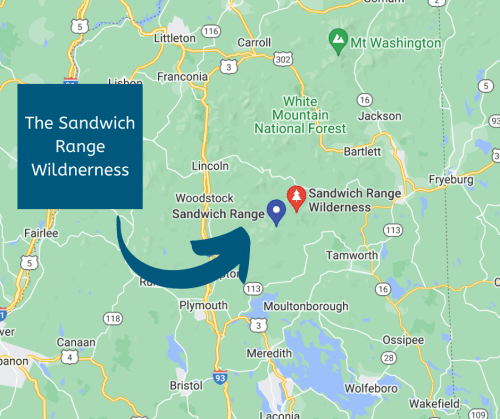 Map highlighting the Sandwich Range Wilderness in New Hampshire, with a marker indicating its location.