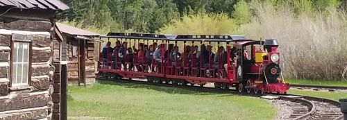 A red train with open carriages carries passengers along a track near a log cabin and greenery.