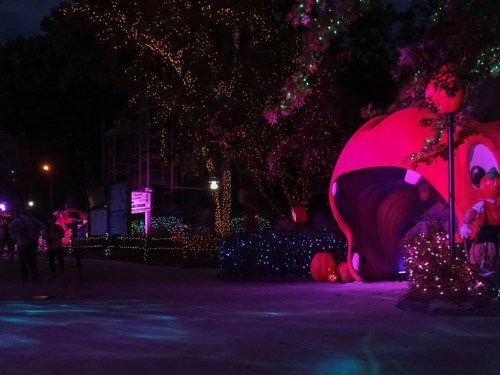 Colorful lights illuminate a festive scene at night, featuring a large, whimsical red structure and vibrant decorations.