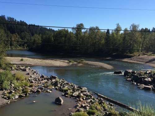 A serene river scene with rocky banks, lush greenery, and clear blue skies, surrounded by trees and hills.