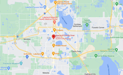 Map of Lakeland, Florida, highlighting Reececliff Family Diner and nearby landmarks and roads.