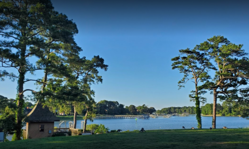 A serene lakeside view with tall trees, a small building, and a clear blue sky reflecting on the water.