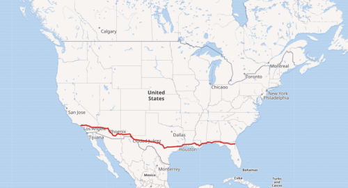 Map of the United States highlighting a route from Los Angeles to Tijuana, passing through several major cities.