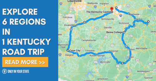 Map highlighting a road trip route through six regions of Kentucky, featuring key locations and attractions.