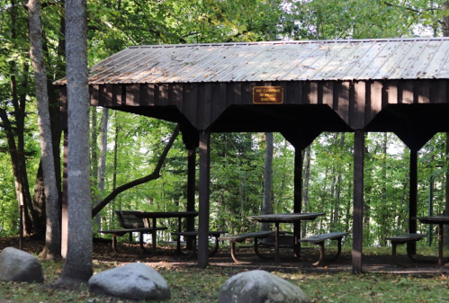 A wooden pavilion with picnic tables surrounded by trees and rocks in a lush green forest.