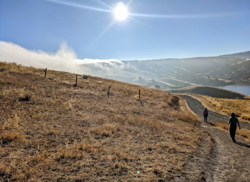 A sunlit path through dry grassland, with two hikers walking towards a misty valley under a clear blue sky.