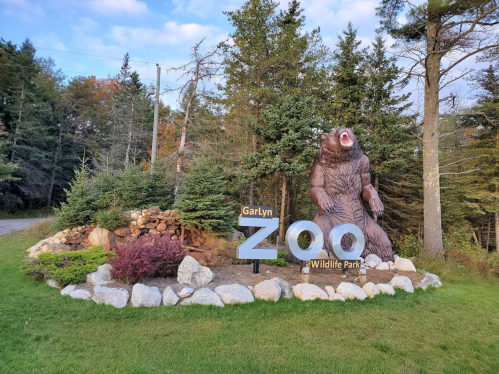 Entrance to Garlyn Zoo, featuring a large bear statue and a sign with the zoo's name amidst trees and landscaping.