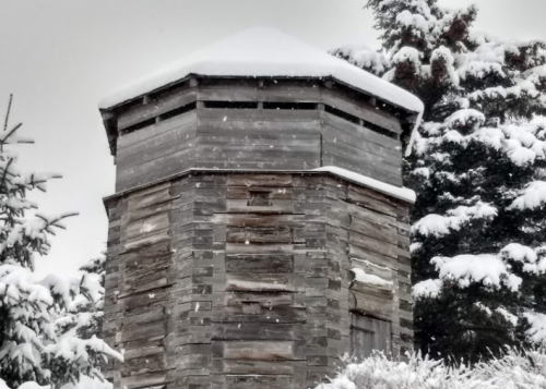 A wooden watchtower covered in snow, surrounded by evergreen trees under a gray sky.