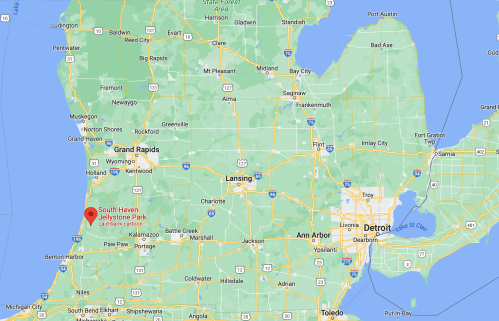 Map of Michigan highlighting South Haven and Jellystone Park, with nearby cities and highways marked.