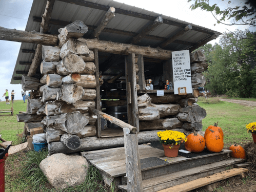 A rustic log cabin with a sign, pumpkins, and flowers outside, set in a grassy area with people in the background.