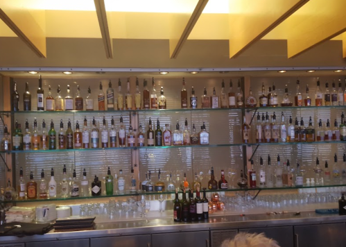 A well-stocked bar with shelves of various liquor bottles and glasses on display.