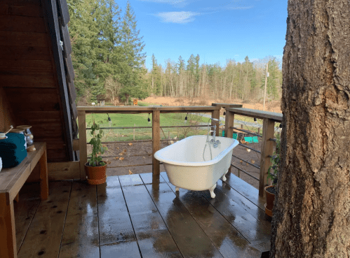 A rustic outdoor deck with a white bathtub, surrounded by trees and potted plants, under a clear blue sky.
