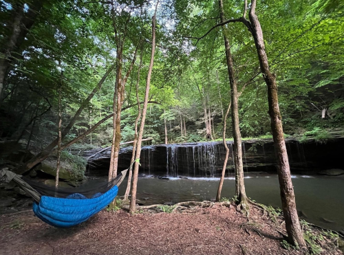 A serene forest scene featuring a hammock by a waterfall, surrounded by lush green trees and a calm river.