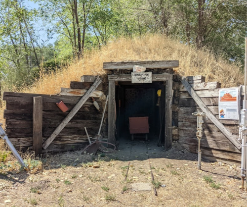 Entrance to an old wooden mine, surrounded by dry grass and trees, with a sign reading "Homestake Mine."