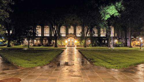 A well-lit building at night, surrounded by trees and a wet pathway, creating a serene and inviting atmosphere.