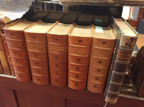 A row of vintage leather-bound books on a shelf, with one book slightly separated from the others.
