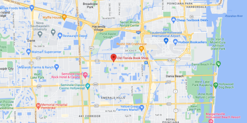 Map showing the location of Old Florida Book Shop in a city area, with nearby streets and landmarks labeled.