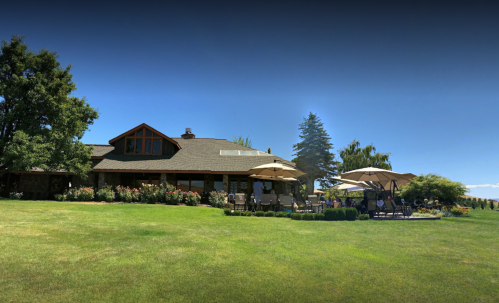 A spacious house with a landscaped yard, featuring umbrellas and seating areas under a clear blue sky.