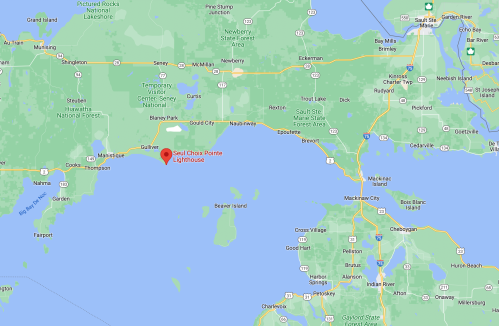 Map showing the location of the St. Chas Point Lighthouse in the Gulf of Mexico, near the coast of Florida.