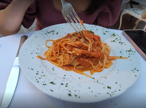 A plate of spaghetti with sauce, garnished with parsley, as a person twirls pasta with a fork.