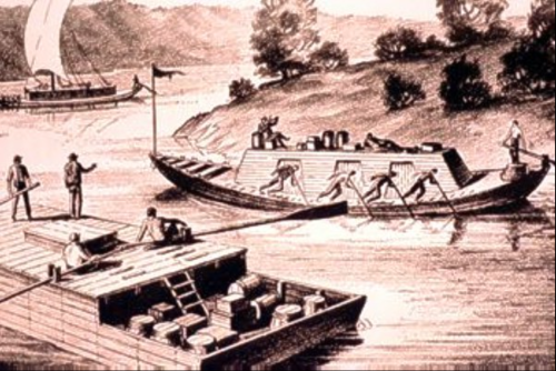 Historical illustration of a riverboat with crew rowing, alongside another boat loaded with goods.