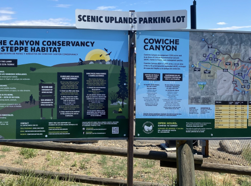 Signage at Scenic Uplands Parking Lot, detailing Cowiche Canyon and the surrounding habitat, with maps and information.