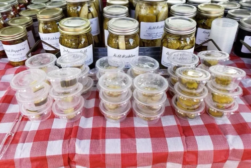 A table with jars of pickles and small containers of various pickled items on a red and white checkered tablecloth.