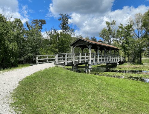 A wooden bridge leads to a covered pavilion over a pond, surrounded by lush greenery and a blue sky with clouds.