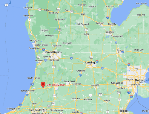 Map showing southwestern Michigan with a marker for Reits Flea Market near Benton Harbor.