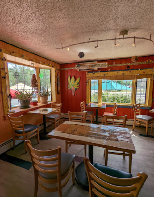 Cozy restaurant interior with wooden tables, chairs, and colorful decor, featuring large windows and plants.