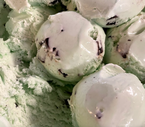 Close-up of mint chocolate chip ice cream scoops in a creamy, green base.