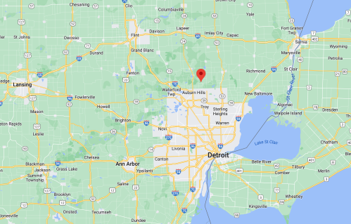 Map showing the Detroit area in Michigan, with a red marker indicating a specific location.