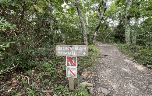 A wooden sign points to Stony Man Summit along a gravel path in a lush, green forest.