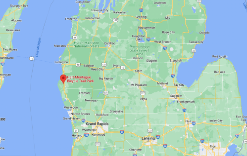 Map showing the location of Hart-Montague Bicycle Trail Park in Michigan, near the west coast of the state.