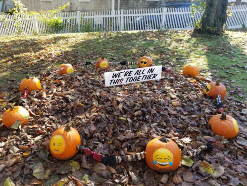 A circle of decorated pumpkins surrounded by autumn leaves, with a sign reading "WE'RE ALL IN THIS TOGETHER."