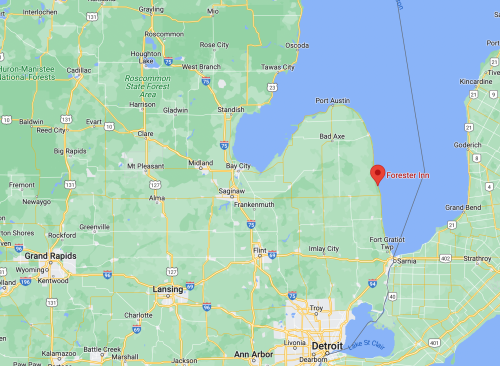 Map showing the location of Forester Inn in Michigan, near Lake Huron, with surrounding cities and landmarks.