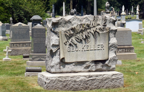 A gravestone with the name "G. Keller" surrounded by other tombstones in a cemetery.