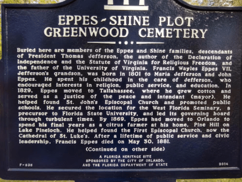 Sign detailing the Eppes and Shine families' history at Greenwood Cemetery, highlighting their contributions and legacy.