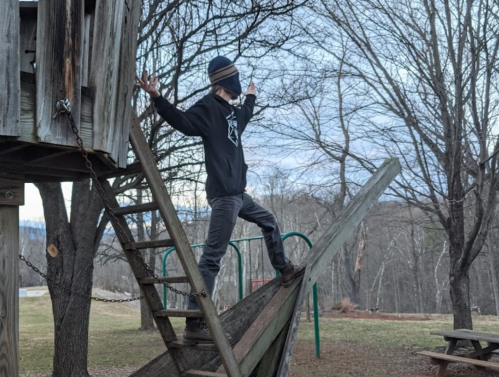 A person in a black hoodie stands on a wooden structure, striking a pose against a backdrop of bare trees.
