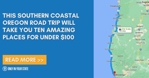 Map of Southern Oregon highlighting a road trip route with text about ten amazing places to visit for under $100.