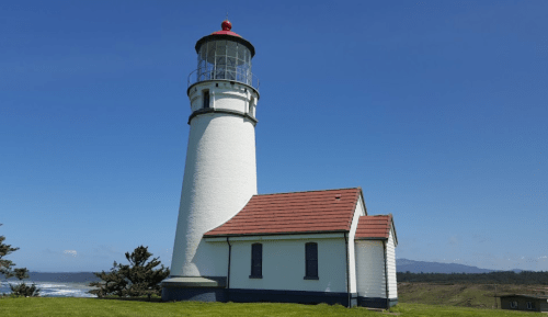 A tall white lighthouse with a red roof stands on a grassy hill, overlooking the ocean under a clear blue sky.