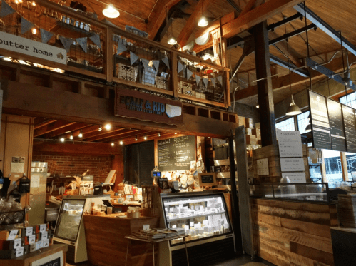 A cozy café interior with wooden beams, a counter displaying baked goods, and a warm, inviting atmosphere.