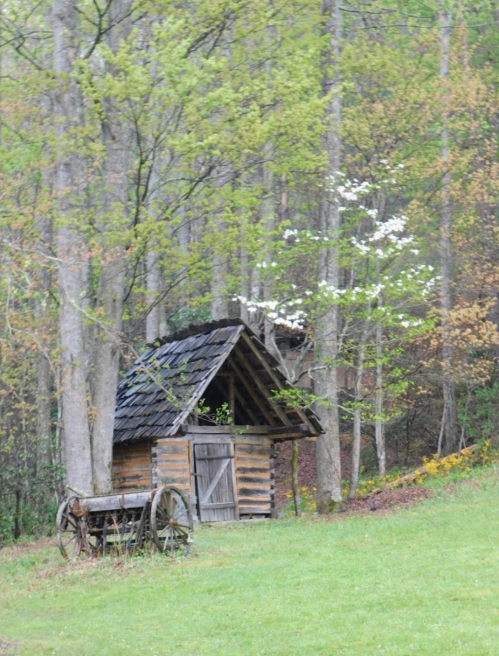 A rustic wooden cabin nestled among trees, with a weathered cart nearby and spring foliage in the background.