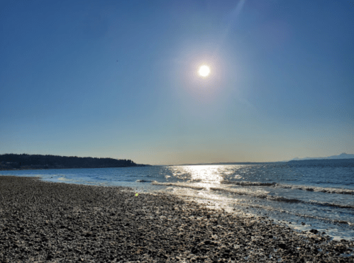 A sunny beach scene with a rocky shore, gentle waves, and a clear blue sky reflecting sunlight on the water.