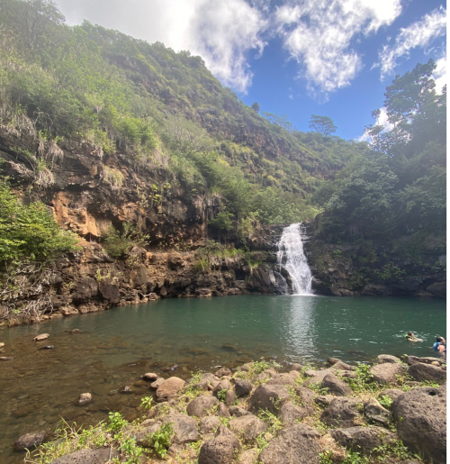 A serene waterfall cascades into a clear pool, surrounded by lush greenery and rocky terrain under a blue sky.