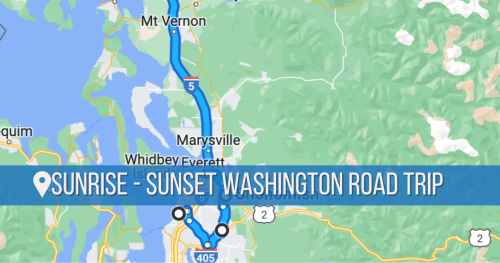 Map showing a road trip route from Sunrise to Sunset in Washington, highlighting Mt. Vernon and Marysville.