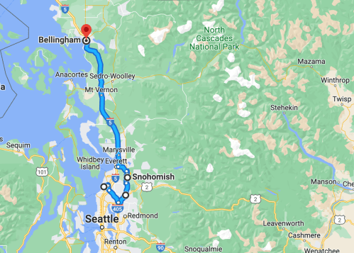 Map showing the route from Seattle to Bellingham, highlighting major locations and highways in Washington State.